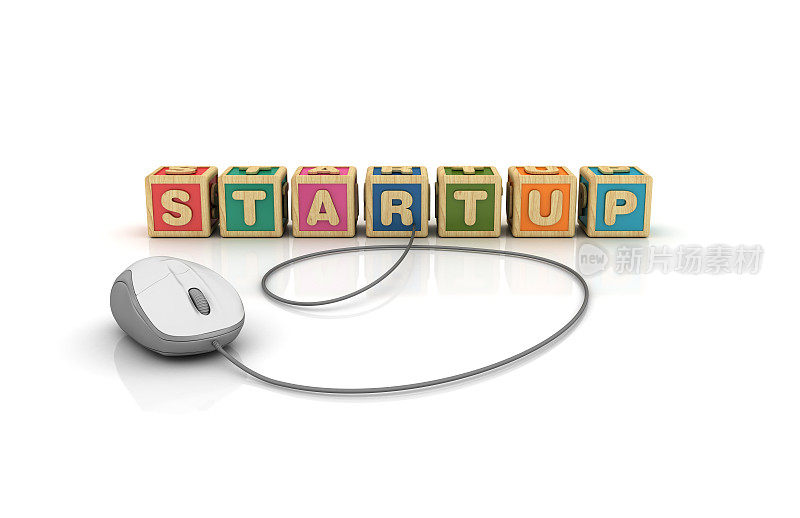 STARTUP流行语立方体与计算机鼠标- 3D渲染